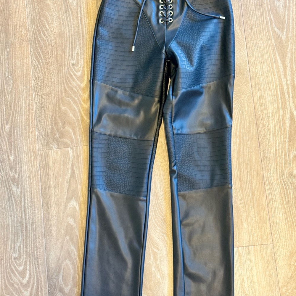 Black Leather-Like Straight-Leg Pants